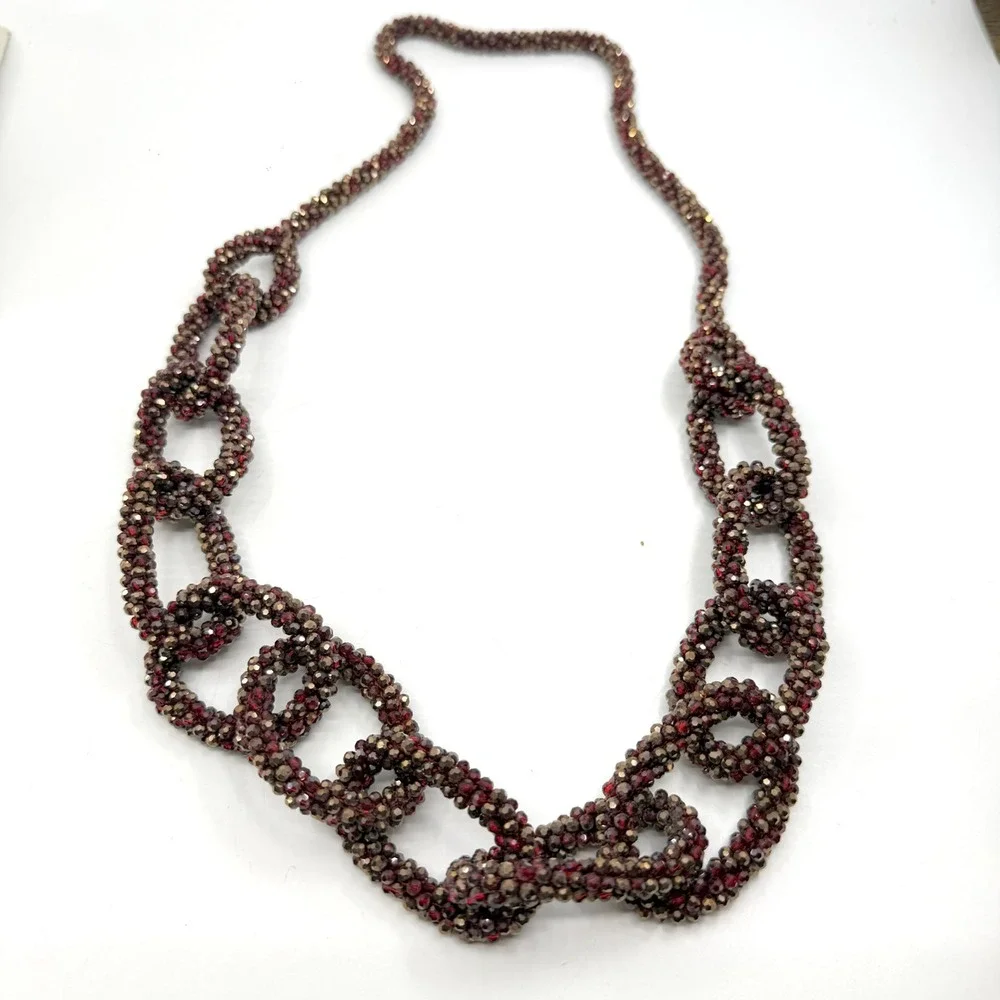 Red Bronze Tone Faceted Bead Woven Chain Link Long Necklace Statement Jewelry